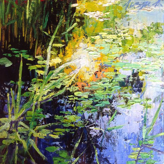 Sunrise over the water lilies pond oil painting landscape river sunlight
