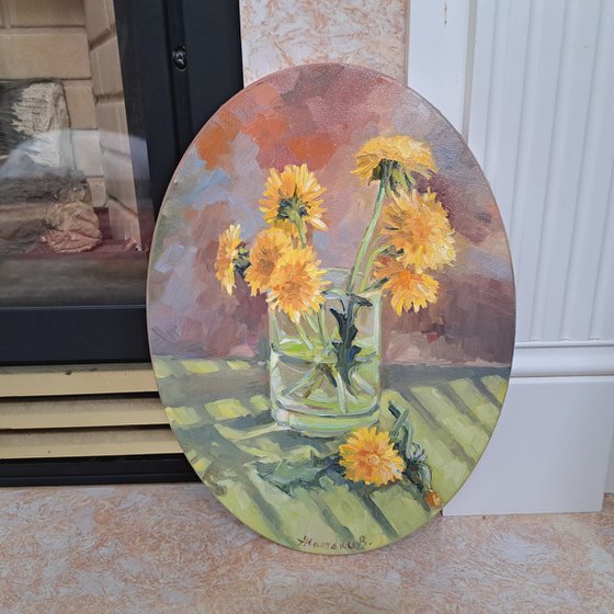 Dandelions (12x16x0.7'') oil on oval canvas original painting