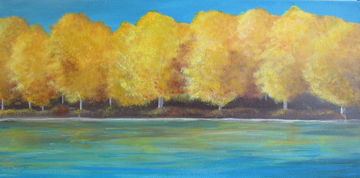 Impressionistic Landscape Acrylic Painting By Donna Daniels, 24 X 12, That Golden Shore, Original Artwork