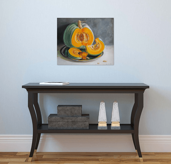 Pumpkin on metal tray
