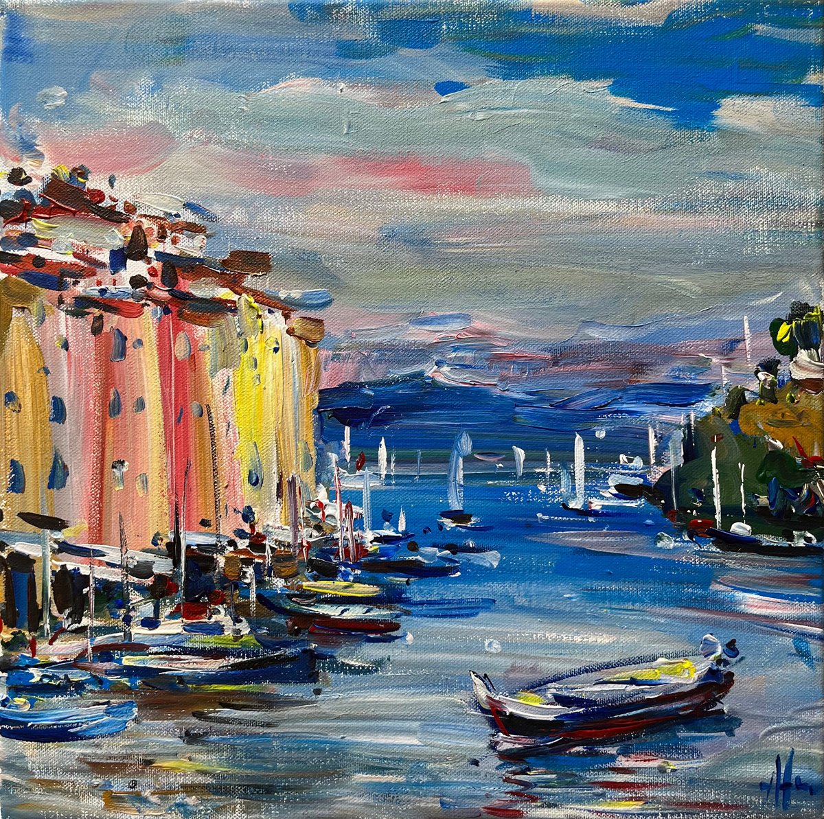Impressionistic Landscape Acrylic Painting By Altin Furxhi, 16 X 16, Portofino Impressions., Original Artwork