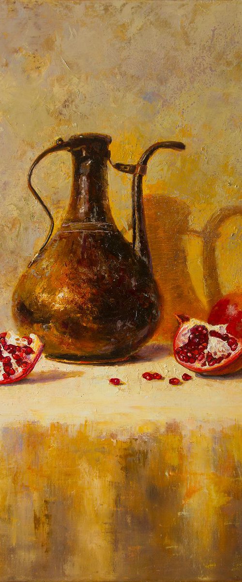 "Still life with an old jug"  pomegranat still life fruit  liGHt original painting  GIFT (2019) by Anna Bessonova (Kotelnik)