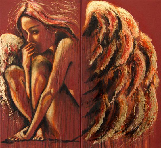 "Golden wings",Original mixed media painting on  hand-stretched  canvas 70x65 x2cm