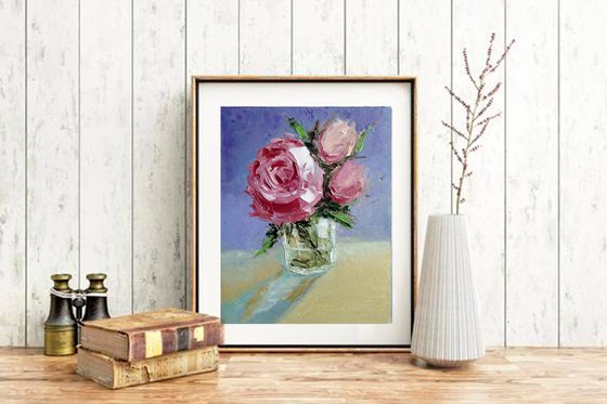 Pink Roses Painting Original Art Floral Bouquet Flower Artwork Small Wall Art