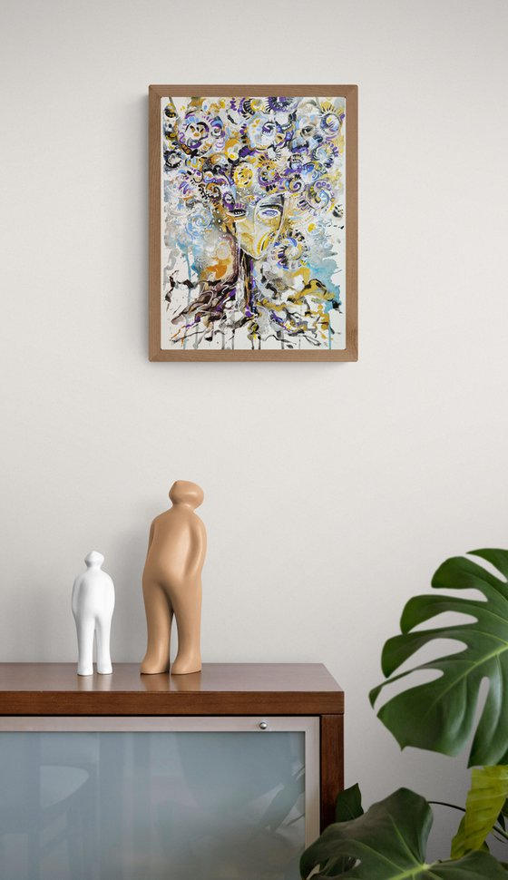 Family tree, mix media, watercolor on paper with acrylic, yellow, lilac color, gold, white, blue, black