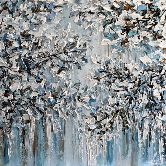 Winter Glow - Textured Abstract Silver, White, Blue Painting, Palette Knife Art