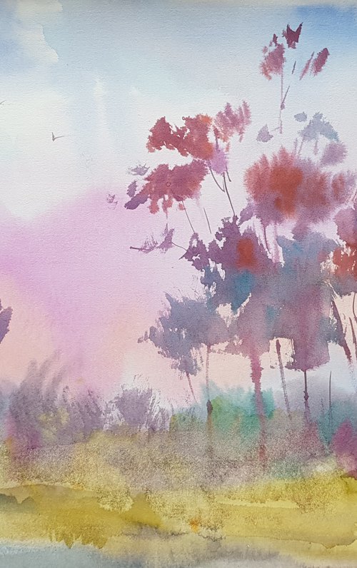 Pink evening. Landscape with trees. by Mariana Briukhanova