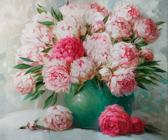 Large floral oil painting original of peony flowers in vase