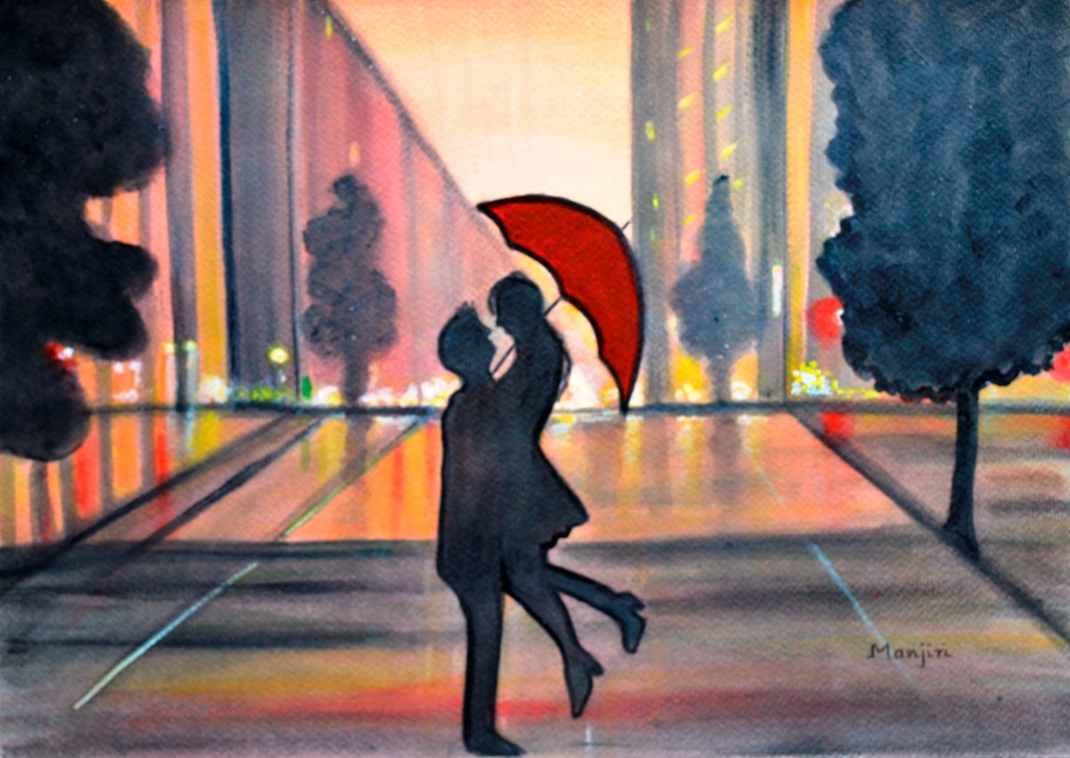 Romance in the city romantic painting gift art on sale by Manjiri Kanvinde