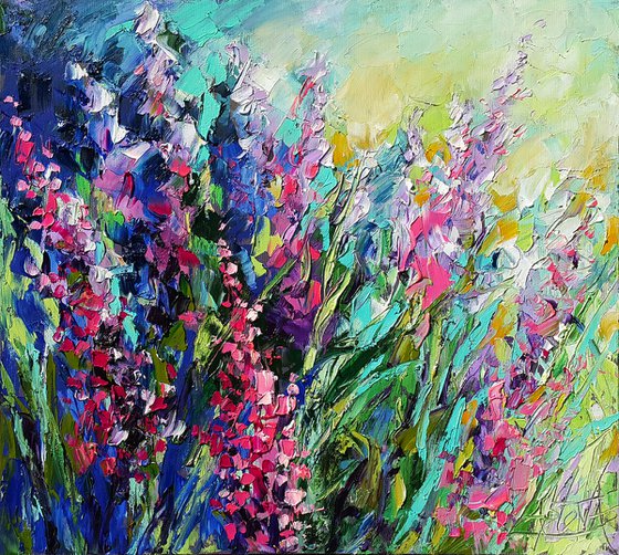 Wild flowers in the garden - Painting original oil impasto, blooming summer flowers artwork