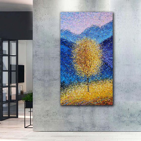 Yellow bright painting Autumn modern landscape Sunny autumn tree Mountains vertical art