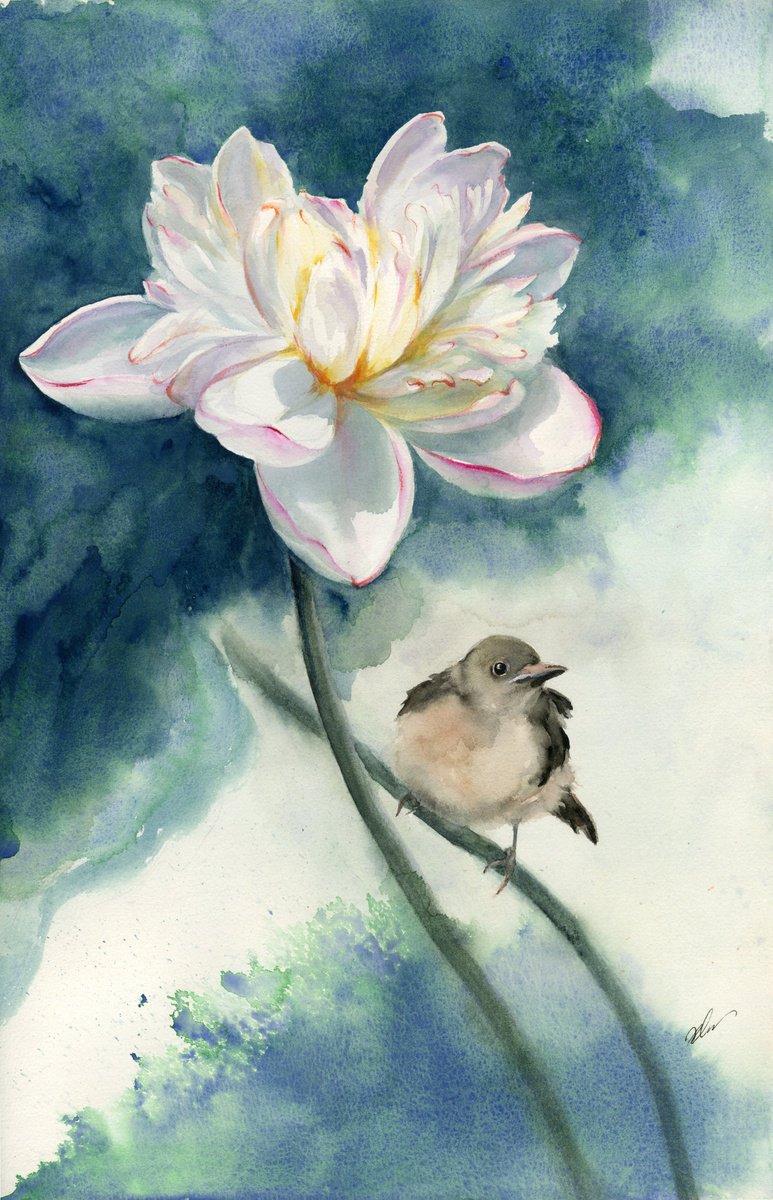 Impressionistic Botanical Watercolour By Cecilia Xiao, 12 X 18, White Lotus And The Sparrow, Original Artwork