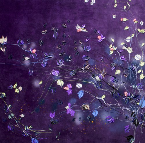 Acrylic floral painting on velvet „Fragile Roses in Velvet" by Anastassia Skopp