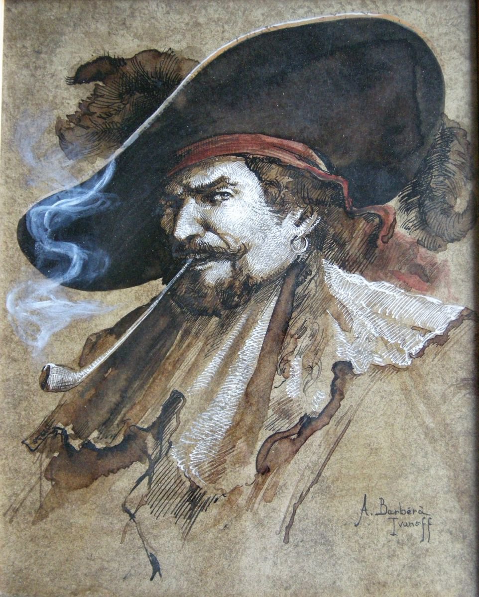 Expressive Portrait Ink Drawing By Alexandre Barbera-Ivanoff, 9 X 12, Manu, Original Artwork