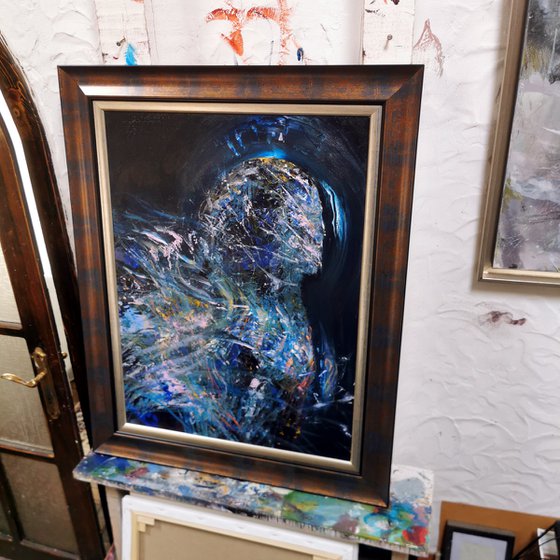 Stunning dark blue enigmatic abstract angel signed by master O Kloska