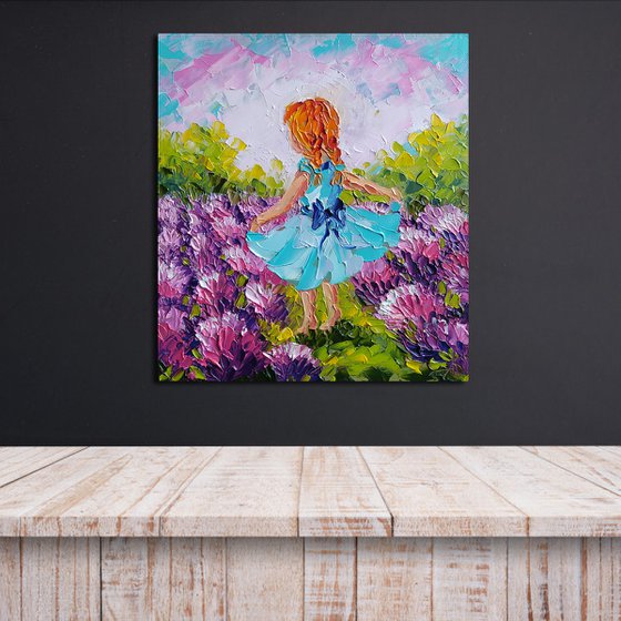 Redhead in lavender -  oil painting, child, lavender, childhood, girl, children, lavender field