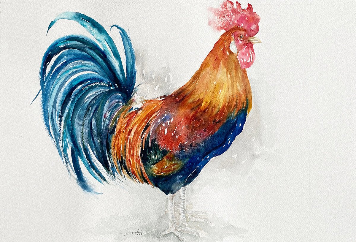 Impressionistic Animal Watercolour By Arti Chauhan, 20 X 14, Rory The Rooster, Original Artwork