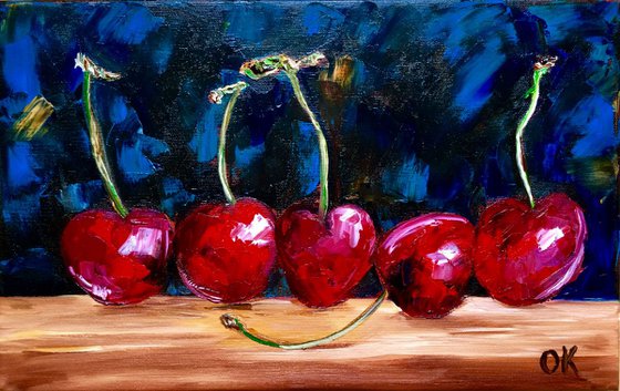 Cherries. Still life. Palette knife painting on linen canvas