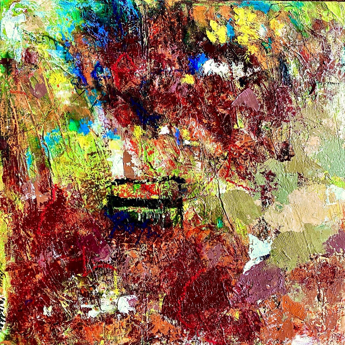 Expressive Landscape Painting By Irene Wilkes, 20 X 20, The Bench, Original Artwork