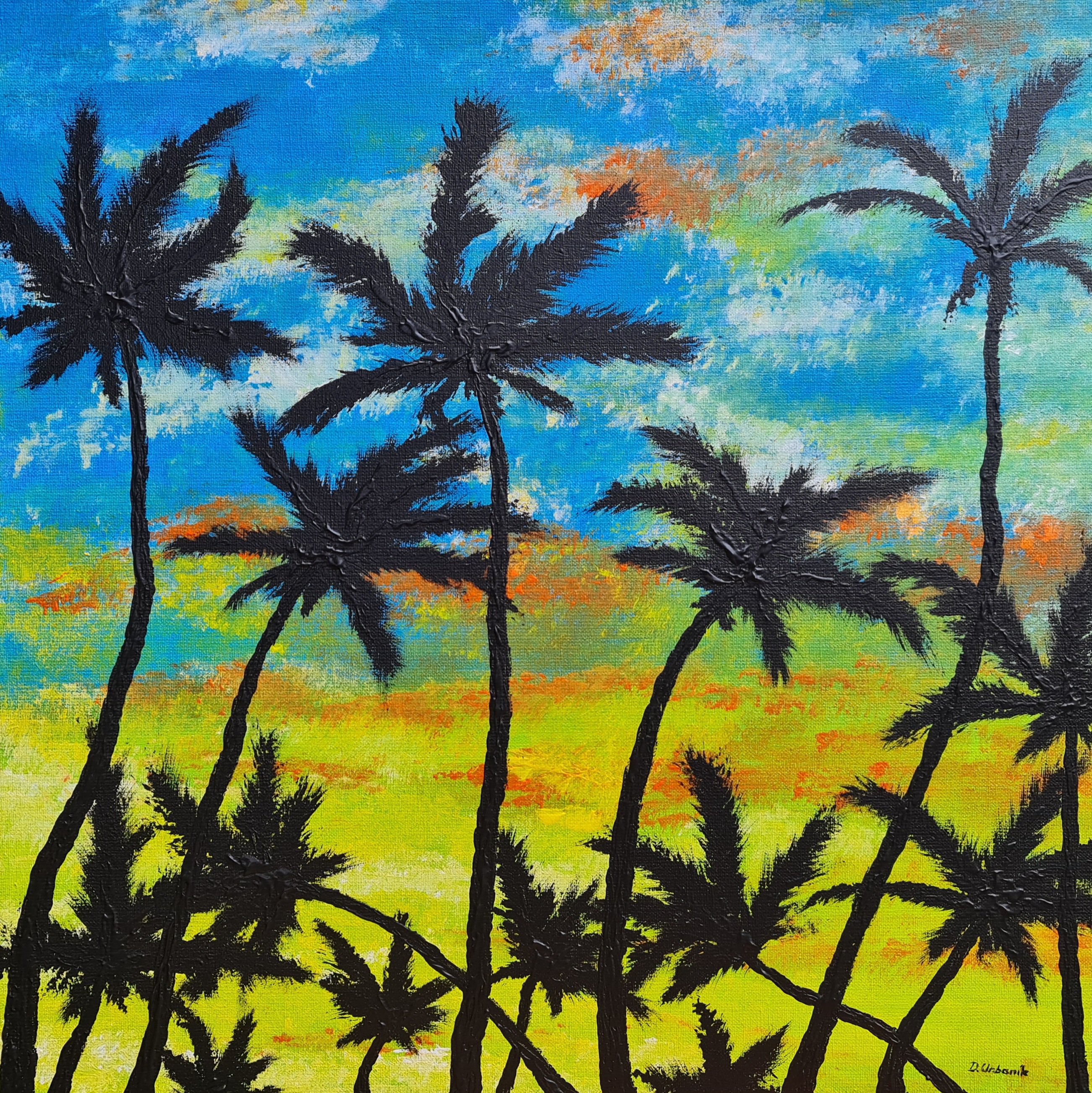 Impressionistic Landscape Acrylic Painting By Daniel Urbani?k, 20 X 20, Palm Trees 2, Original Artwork