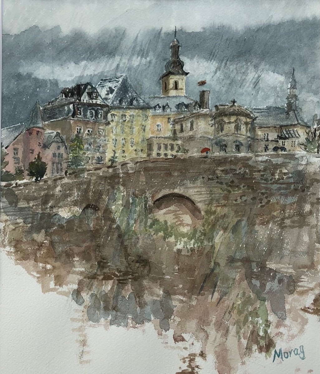 Impressionistic Cityscapes Watercolour By Morag Paul, 20 X 24", Luxembourg In The Rain, Original Artwork