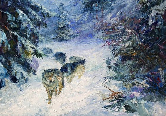 Wolf Pack In The Winter Forest