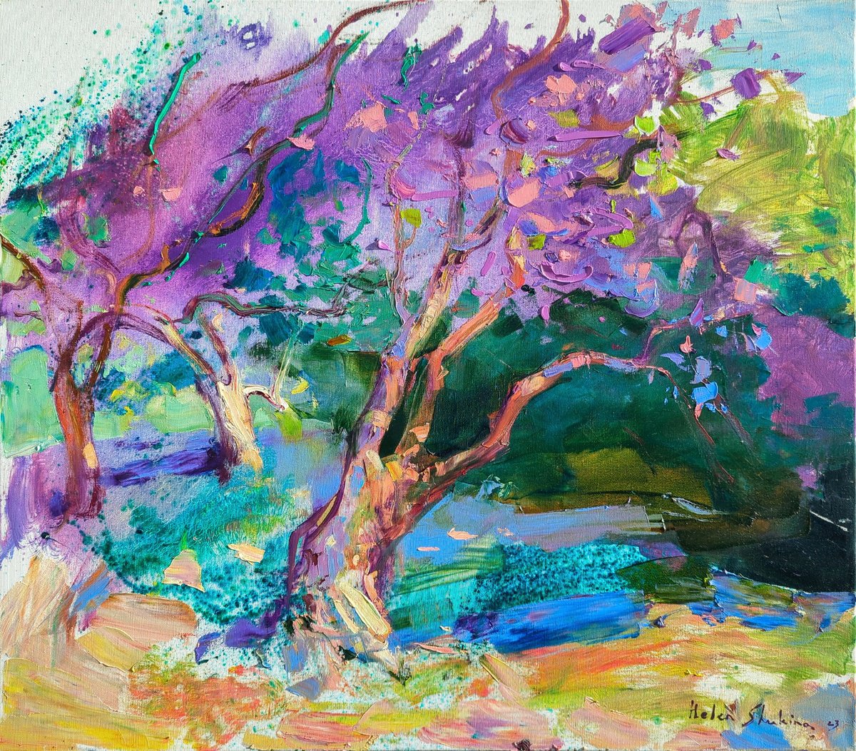 Expressive Landscape Oil Painting By Helen Shukina, 31 X 28, Spring Impressions Lilac, Original Artwork