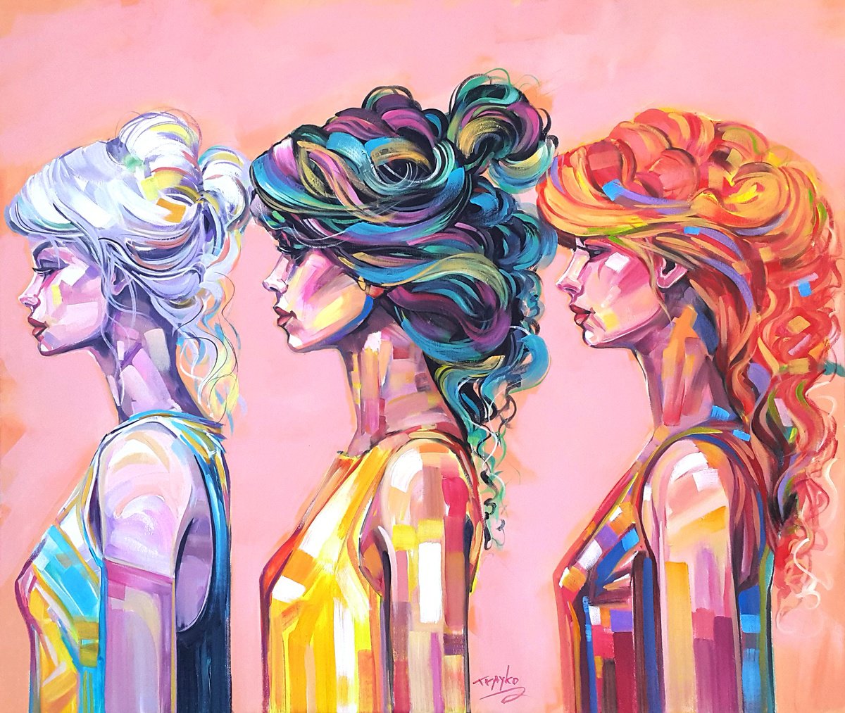 Abstract Portrait Acrylic Painting By Trayko Popov, 39 X 33", Morning Girls, Original Artwork