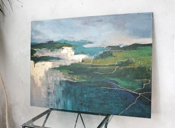 "North" Green and gold abstract acrylic art
