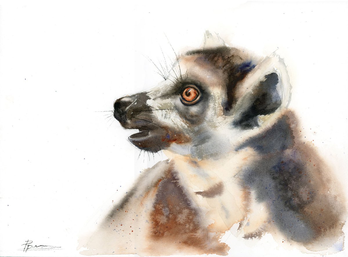 Impressionistic Animal Watercolour By Olga Tchefranov (Shefranov), 14 X 10", Curious Lemur, Original Artwork