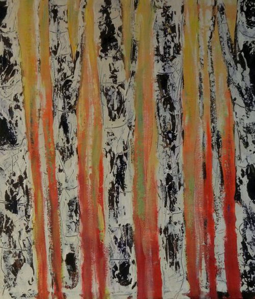 Yellow Red Birch Trees Abstract - 48x24 by BenWill