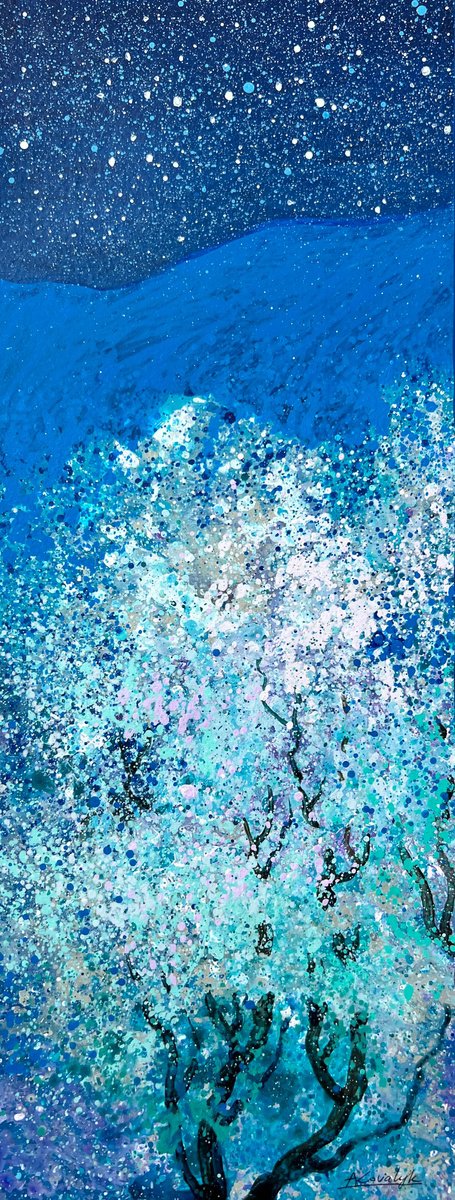 Impressionistic Landscape Acrylic Painting By Andrii Kovalyk, 8 X 20, Garden Of Night Songs #1, Original Artwork