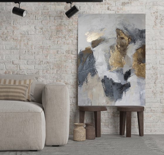 "Lead" Abstract grey gold acrylic art