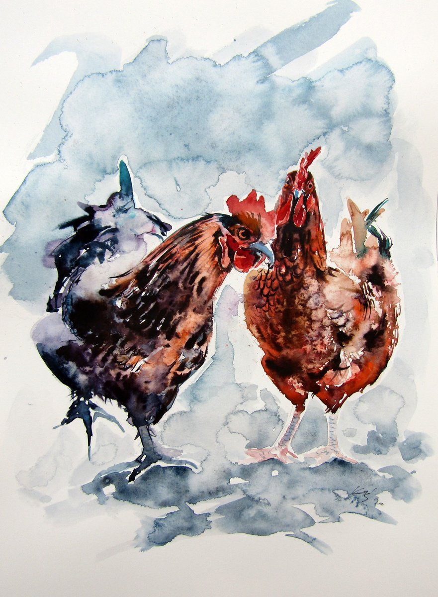 Impressionistic Animal Watercolour By Kovacs Anna Brigitta, 10 X 14", Young Rooster And Hen, Original Artwork