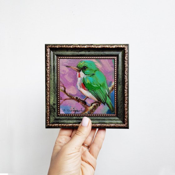 Green bird painting original in frame, Small birds painting, Birding art framed, For bird lovers, Miniatures