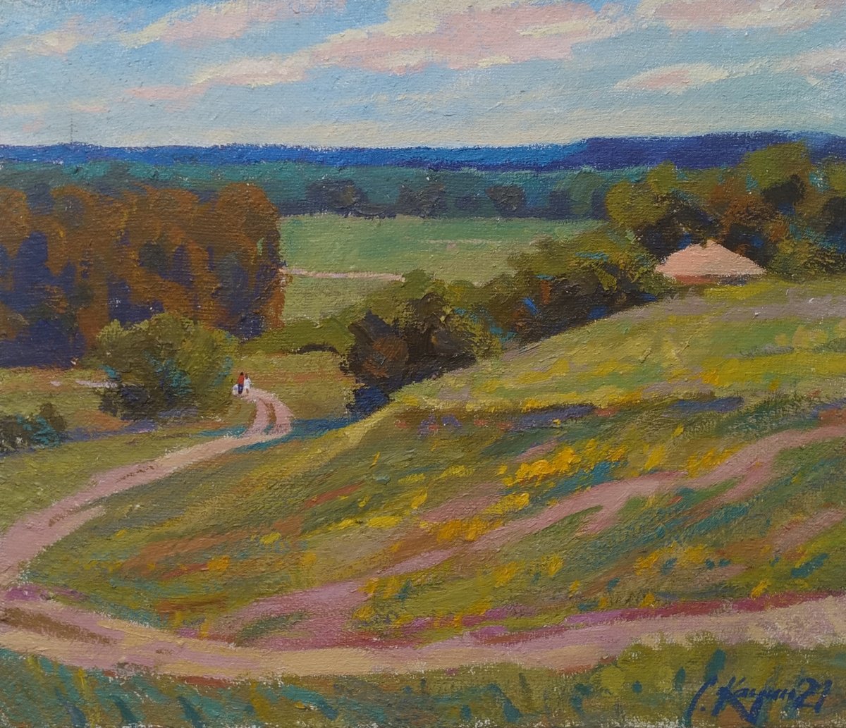 Impressionistic Landscape Acrylic Painting By Sergey Kachin, 28 X 24", Sunny Day, Original Artwork