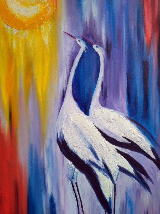 Storks Painting Bird Original Art Couple Abstract Oil Impasto Animal Artwork Home Wall Art 20 by 32" by Halyna Kirichenko