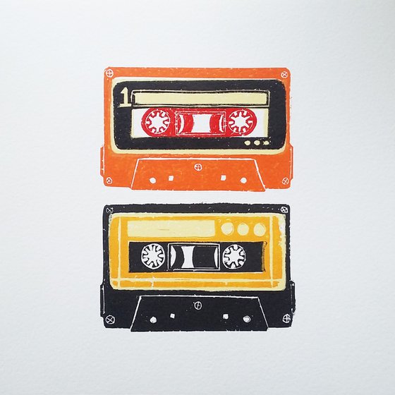 Linocut tapes duo #9 (cassette tapes, retro music, 70's, 80's rock culture)