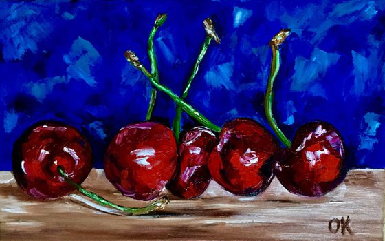 Cherries. Still life. Palette knife painting on linen canvas