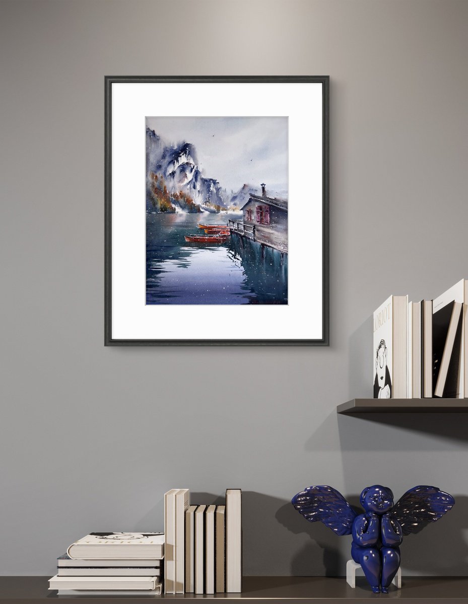 Impressionistic Landscape Watercolour By Eugenia Gorbacheva, 12 X 16, Boats On Lake Braies, Italy, Original Artwork