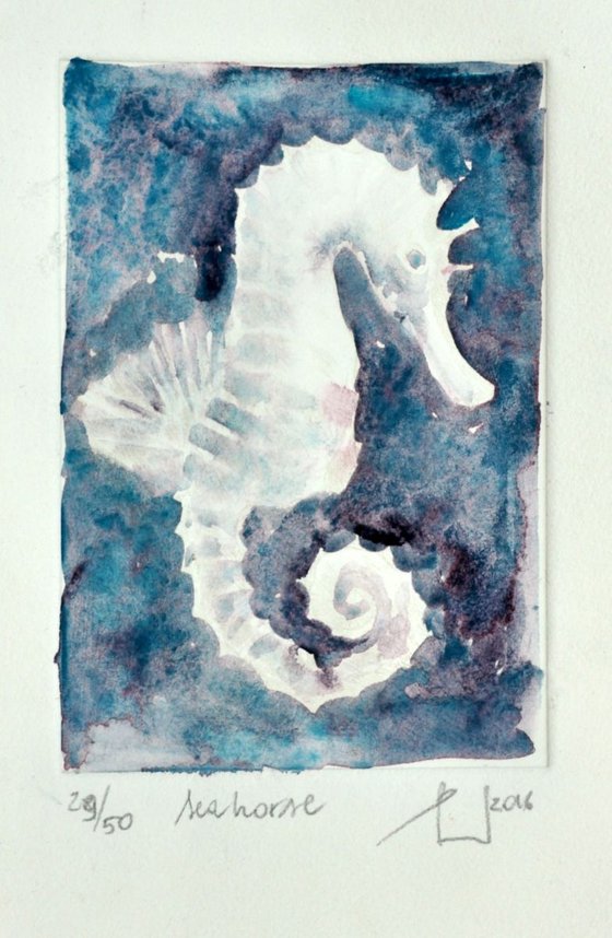 SEAHORSE etching and finishing touch of watercolor