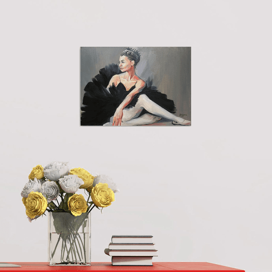 Seated ballerina. Dancer, oil painting.