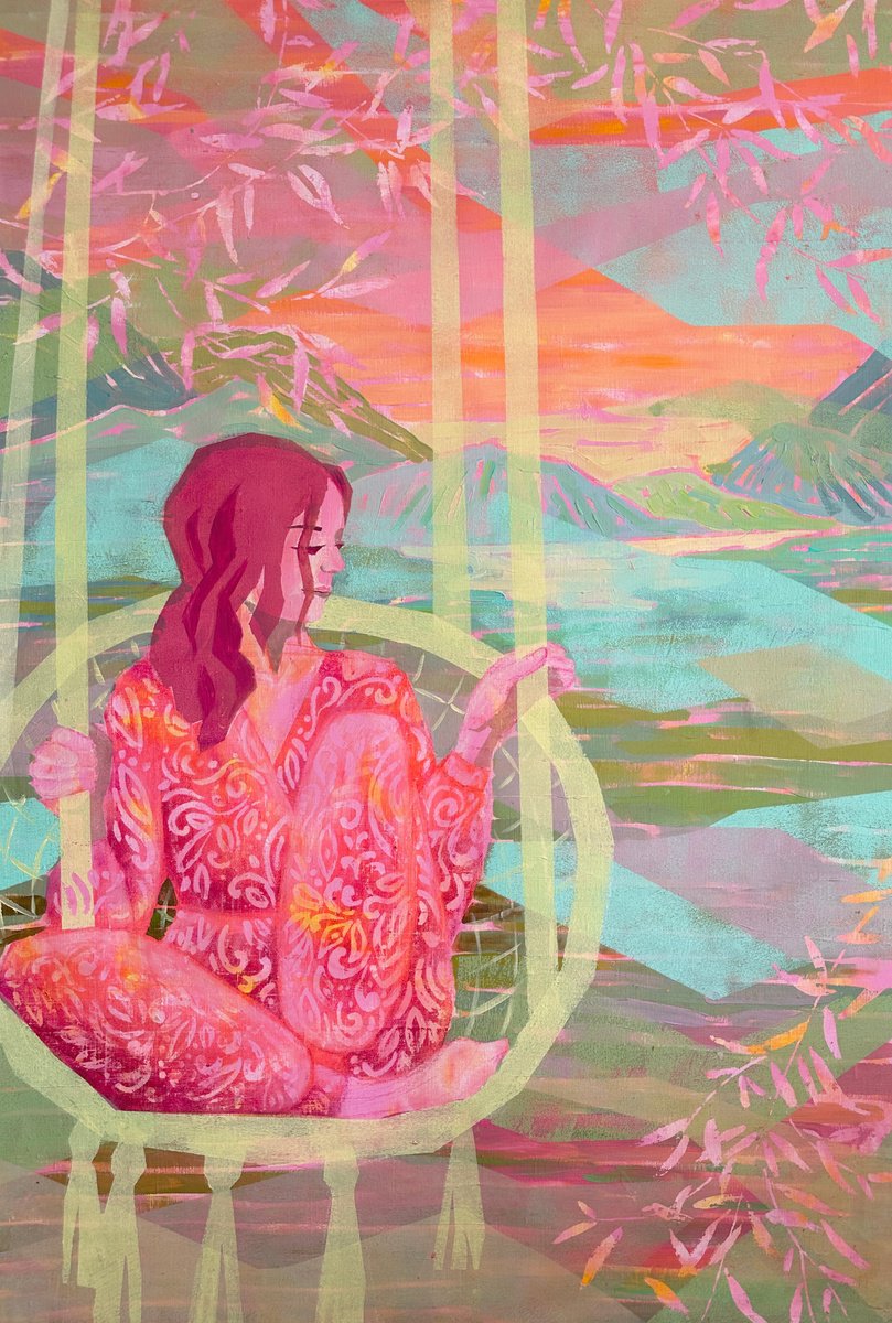 Illustrative Acrylic Painting , In A Swing Above The Hills By Ekaterina Prisich, 35 X 55, Artwork For Sale On Artfinder