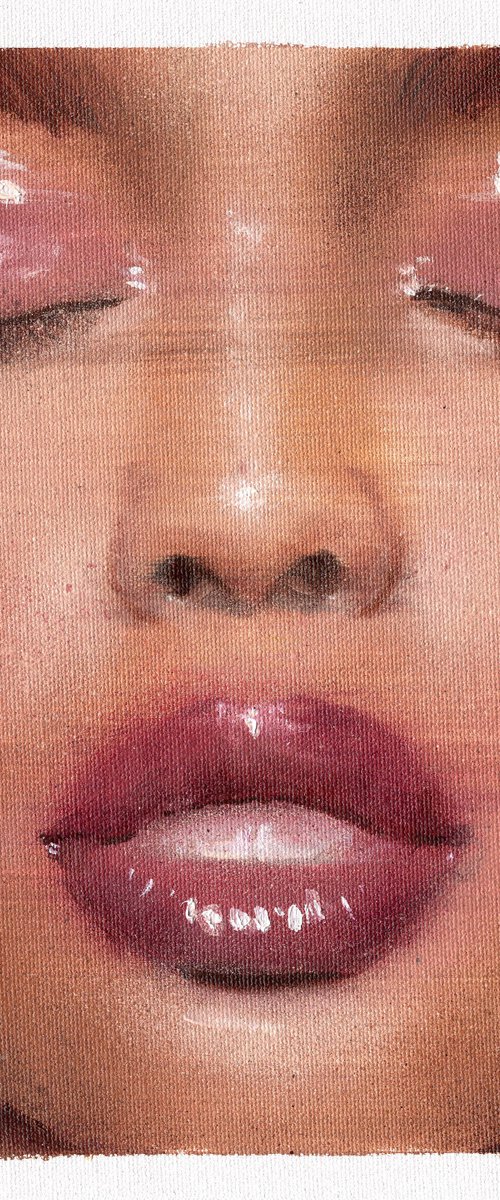 Mary - beauty oil painting of pretty black women female on canvas with dark pink red lipstick contemporary portrait lady by Renske Karlien Hercules