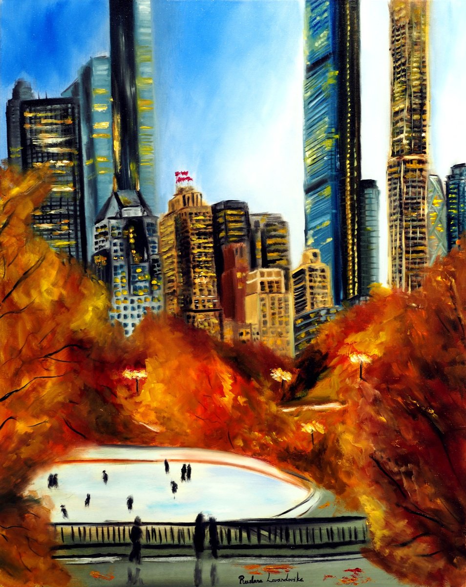 Impressionistic Cityscapes Oil Painting By Ruslana Levandovska, 24 X 30", New York City Central Park In Autumn, Original Artwork
