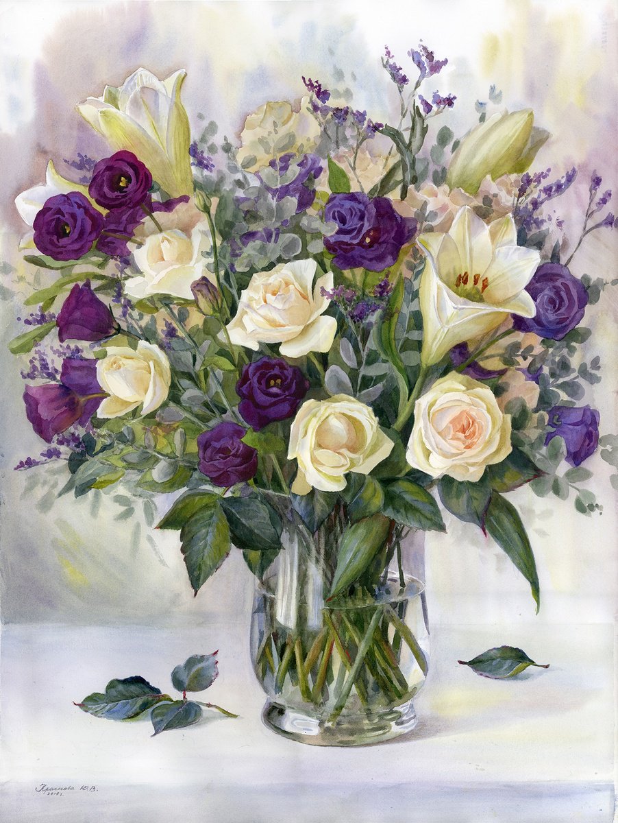 Photorealistic Still Life Watercolour By Yulia Krasnov, 22 X 30", Big Bouquet, Original Artwork