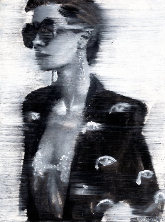 Natalia | Black and white high fashion woman oil painting on paper | beautiful powerful lady