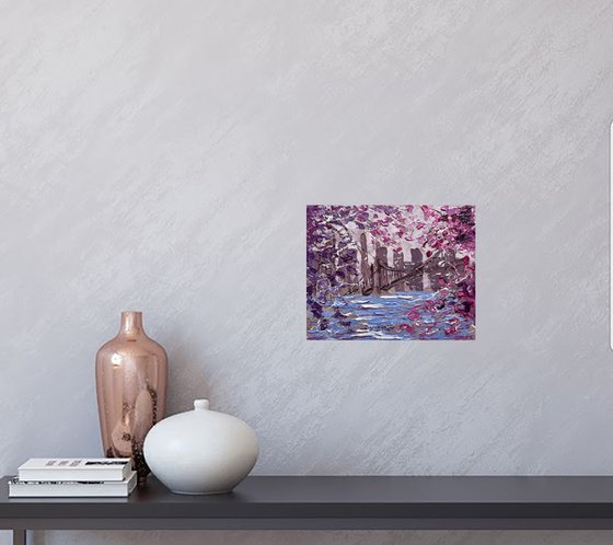 New York Painting Cityscape Original Art NYC Small Oil Impasto Cherry Blossom Tree Artwork Home Wall Art 10 by 8" by Halyna Kirichenko