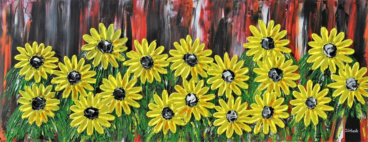 Impressionistic Botanical Acrylic Painting By Daniel Urbani?k, 39 X 16, Sunflowers, Original Artwork