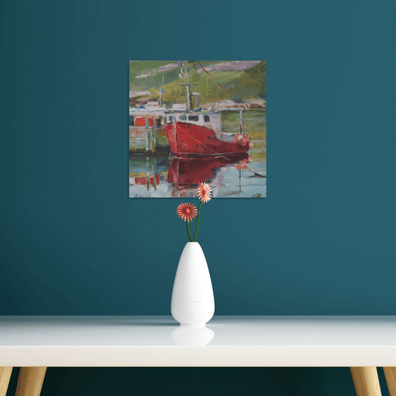 Red boat , plein air, original, one of a kind, oil on canvas painting, 12x12''